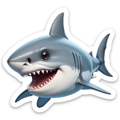 Cinematic Comical Great White Shark Portrait Emoji, Head tilted dramatically with an exaggeratedly shocked expression, featuring its iconic pointed snout, wide, comically expressive eyes, and a sleek body with a prominently defined dorsal fin, Simplified yet hilariously expressive features, highly detailed, glowing with a slightly sassy oceanic glow, high shine, dramatic yet playful, stylized with an air of cheeky marine mischief, soft glowing outline, capturing the essence of a meme-worthy great white shark that looks ready to side-eye its way into viral fame! sticker