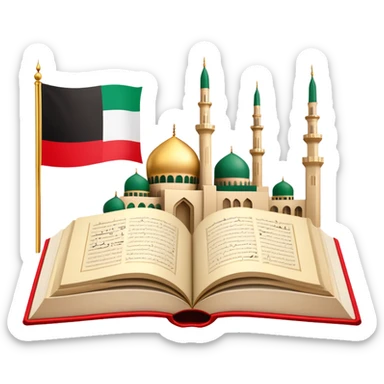 An icon featuring the mosque and the big flag of United Arab Emirates, symbolizing the Arabic language. The design includes an open book with Arabic script and calligraphy, representing language learning and cultural heritage. Transparent background sticker
