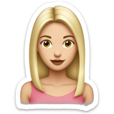 emoji, femme, au cheveux long blond lisse, au teint bronzé, rouge à lèvre rose, yeux vert claire, pull blanc col v, long cils et blush  sticker