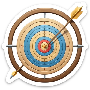 A bow with an arrow drawn back, aimed at a target with concentric rings. The background suggests a calm, outdoor archery range, emphasizing the precision, focus, and skill required in archery as a competitive sport. sticker
