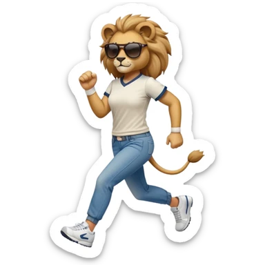 friendly anthropomorphised female lion wearing a baseball shirt, jeans, trainers, dark sunglasses, jogging upright, looking dominant and confident sticker