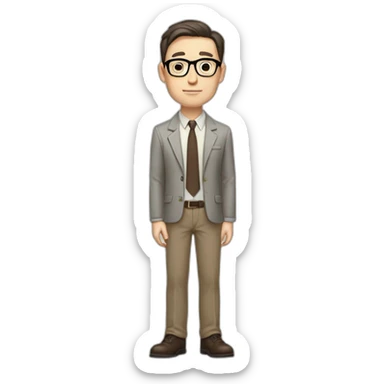 Full height Pale skinned fit man with dark brown hair in gray jacket, beige office shirt, brown tie, brown pants and vintage glasses. His right hand stretched out sticker