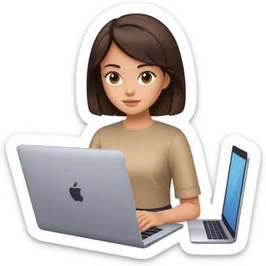 a brunette girl with a square hairstyle, with a laptop sticker