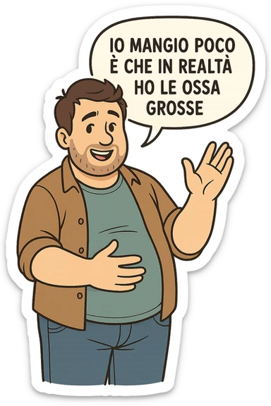 uomo che dice "Io mangio poco è che in realtà ho le ossa grosse" , trovando scuse per il suo peso corporeo sticker