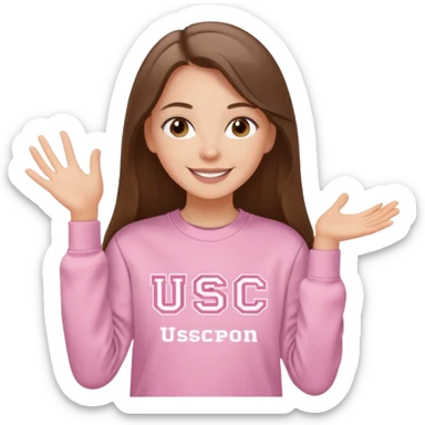happy white long brunette hair girl with hazel eyes and in light pink sweatshirt with USC in white sticker