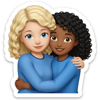 Girl best friends, one white with blond bob and blue eyes, one shorter black girl with long black curly hair, hugging sticker