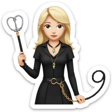 Dominatrix with blonde hair, black outfit, long key necklace, and a whip sticker