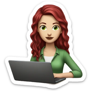 Slavic white girl with burgundy hair and green eyes with laptop on the table  sticker