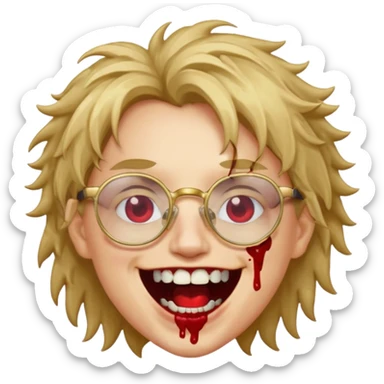 Cabelo bagunçado com oculos sorrindo com metade do rosto com dente de ouro e saindo sangue da boca  sticker