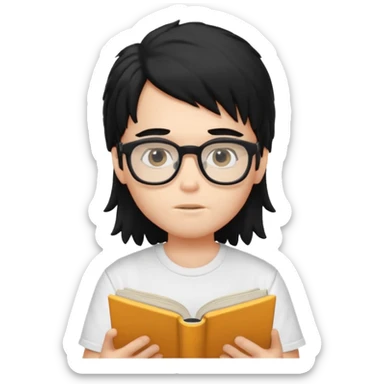 generate a pretty fair bratz boy with a long messy mullet (black hair), wearing a white tshirt. Reading a book. He has spectacles on.  sticker