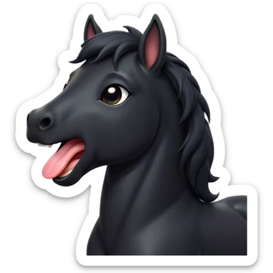 Cinematic Cute Yawning Black Horse Portrait Emoji, Head tilted slightly with a dramatic, wide-open yawn, revealing a soft, sleek black fur with a subtle shimmer, floppy ears slightly drooping, round dark eyes barely open in drowsy contentment, Simplified yet irresistibly adorable features, highly detailed, glowing with a soft, cozy glow, high shine, relaxed yet expressive, stylized with a touch of whimsy, bright and endearing, soft glowing outline, capturing the essence of a sleepy yet affectionate horse, so drowsy it feels like it could stretch out of the screen and curl up for a nap! sticker