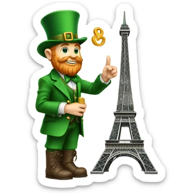 A leprechaun holding onto the Eiffel Tower ￼ sticker