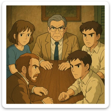 ghibli style illustration of a group gathered around a table with serious expressions, important meeting vibe sticker