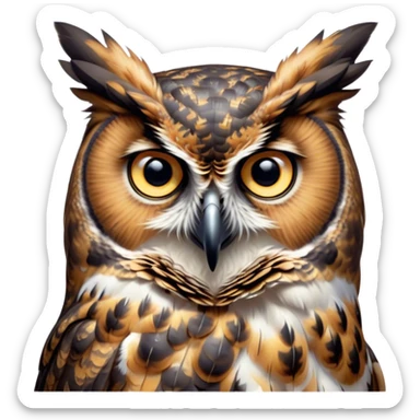 Cinematic Deep Thought Great Horned Owl Portrait Emoji, Head held high with a calm, reflective gaze, showcasing a beautifully mottled plumage and piercing golden eyes that seem to ponder the mysteries of the night, Simplified yet majestically refined features, highly detailed, glowing with a soft, contemplative light, high shine, poised and thoughtful, stylized with an air of profound introspection, capturing the essence of an owl deeply engaged in thought, so thoughtful it feels like it could silently share timeless secrets from beyond the screen! sticker