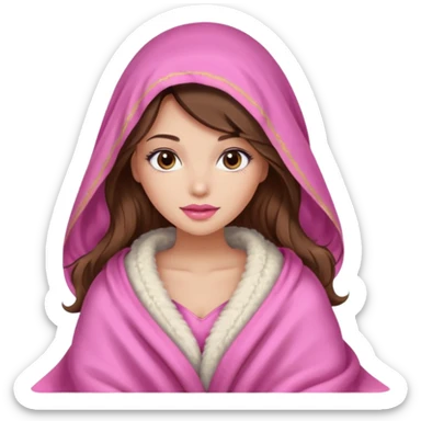girl with long wavy brown hair, brown eyes, long lashes makeup, sexy pink lips, light to medium complexion, wearing a pink sexy silk top, big blanket over the head cozy holding a cat, remove the cat ears on the hood sticker