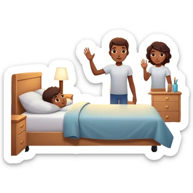 A person stands beside their bed, rolling out groggily with determination. The bed behind them is neatly made, a mirror in front of them shows them high-fiving their reflection. A glowing sunrise outside signals the start of a productive day. sticker