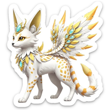 Epic complex fantasy glorious detailed futuristic divine godly angelic feathery sunny, white, albino, pastel, golden, orange glowing sparkly, realistic Fakémon-Sprigatito-Floragato-Meowscarada-Trico-Sergal-Serval-Solgaleo-Vernid-creature (full body) solarpunk, shiny sparkly with a gold laurel sticker