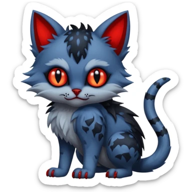 Vampiric scary spooky dark gloomy evil cute midnight blue-gray-black, with red markings, white belly, scaley scaly batty feline-like quadrupedal digitigrade furry feral Bastet-Noibat-Gatomon-Garchomp-Digimon-Fakémon-Pokémon-creature (full body) sticker