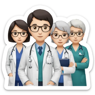 Four doctors standing together:

a female doctor with dark-colored short bob hair,

a young male doctor,

an older male doctor with white hair wearing glasses,

and a female doctor wearing glasses. sticker