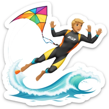 A kitesurfer soaring through the sky, harnessing the wind on a bright, colorful kite. The scene shows the surfer gliding over the water with the kite above, emphasizing the freedom, speed, and thrill of the sport in a dynamic coastal setting. sticker