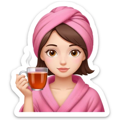 a girl in a pink towel with a mug of tea sticker