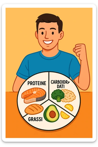 uomo che fa alimentazione attraverso i giusti macronutrienti. Scritte in ITALIANO sticker