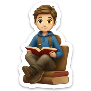 european boy seats with a book sticker