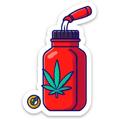 bright red gasoline canister surrounded by a banana, an apple, grapes, and a cannabis leaf, red fuel can with fruits and marijuana leaf arranged around it sticker