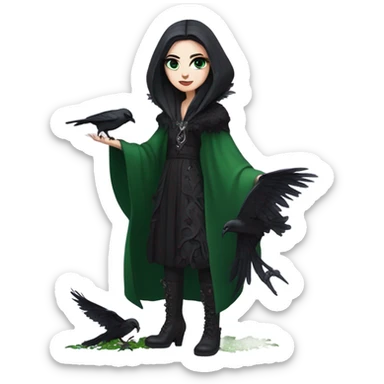 the morrigan goth woman version vines style furr robe stylish boots, perfect eyes, raven on hand, green vines decor on ground sticker