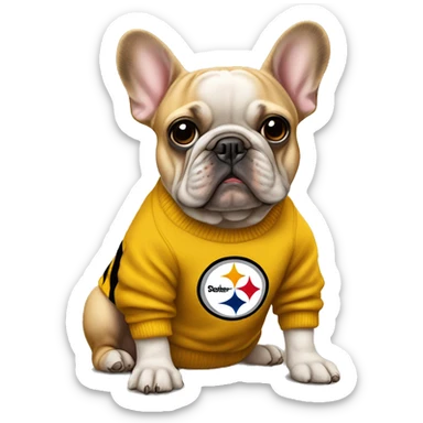 Full body tan frenchie wearing a Pittsburgh steeler sweater  sticker