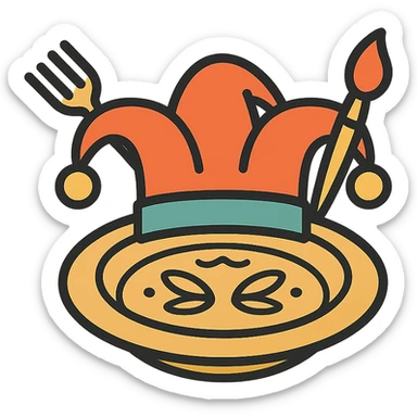 minimalist vector logo of a jester's hat with a fork and a paintbrush as two of the bells, sitting on a round plate with subtle hand-crafted ceramic patterns, warm and inviting flat colors, playful yet professional, creative culinary and pottery workshop sticker