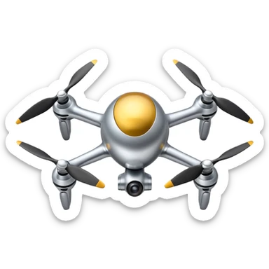A futuristic drone emoji made of polished silver chrome, smooth rounded body, minimal propellers, reflective metallic surface, soft studio lighting, iOS emoji style, centered, clean white background sticker