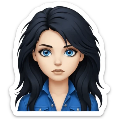 
 rockstar girl with long total black disheveled hair, blue eyes, Smokey eyes grunge makeup, rocking  sticker