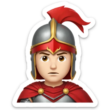 Emoji portrait of a Spartan warrior. Crested helmet, red cloak, determined expression. sticker