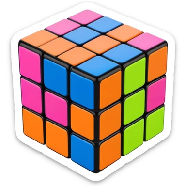 A 3x3 Rubik's Cube completely scrambled, with 90s American color palette, fluorescent orange, lime green, hot pink, electric blue, viewed from above sticker