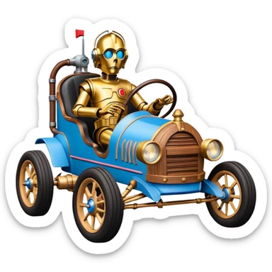 tarnished blue neon underglow C-3PO ghost buster 1927 delicately ornate rosegold wood barrel accents Model-T bucket efficiently powered by electric motors and batteries with racing safety belts while flying rapidly roughening terrain stable on strong agile advanced suspension and steering sticker