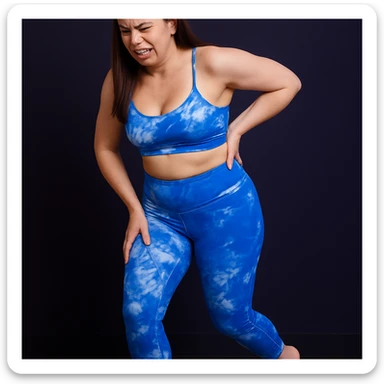 Realistic woman in 4K inspired by the reference photo, walking with a slight limp, hand on hip, expression of acute pain. sticker