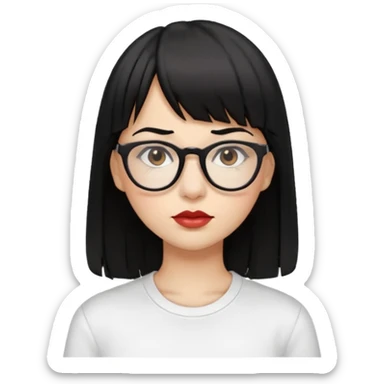 uma mulher snapchat icon, cor da pele normal, cabelo preto liso solto com franja, óculos pretos, piercing na boca e nariz, olhos castanhos, camisa branca sticker