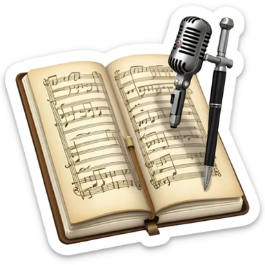 Create an emoji representing songwriting. The design should feature an open notebook or sheet music with visible lyrics between the musical notes, symbolizing the process of writing song lyrics. The text between the notes should be clearly visible. A pen or pencil should be placed near the notebook, indicating active writing. Optionally, include a single vintage microphone lying beside the notebook (not on the music notes) to add a creative touch. Use a harmonious color palette with warm and neutral tones. Do not include any emojis or smiley faces. Make the background transparent. sticker
