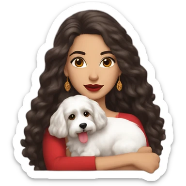 young moroccan woman with dark brown eyes, dark long curling hair, red lips, 2000's outfit and a white cotton of tulear dog on her laps sticker