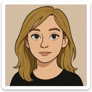 a white girl with dirty blond hair, hazel eyes, wearing a black top, cartoon style, neutral background sticker