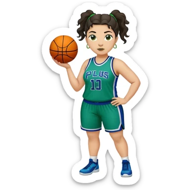 full body plus size light skin latino women basketball player with wavy dark hair in pony tail wide nose wearing blue green  uniform sticker