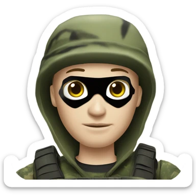 white male, pale skin, call of duty black mask, green camo tactical gear, combat boots, black beanie, hazel eyes sticker