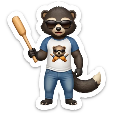 mischievous anthropomorphised honey badger in jeans and a t-shirt, wearing sunglasses, holding a baseball bat over shoulder sticker