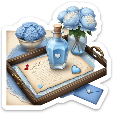 On a lace-trimmed tray rests an ornate glass bottle filled with a soft blue love potion, next to an aged love letter sealed with a wax heart. A delicate pearl butterfly gently perches on the edge of the envelope, while petals of white peonies and pale blue hydrangeas are scattered around. sticker