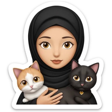 A Arabic woman human with brown eyes and black hijab. , the human is a human, she carry two cat is black and white and the other cath is black and white,,  NO EARS ON THE HUMAN ,  sticker