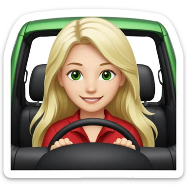A Sideview of A Smiling Green Eyed, Long Haired Blonde driving a RED NISSAN ROGUE SUV sticker