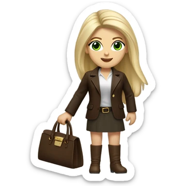 Realistic White woman with Long straight blonde hair and green eyes, dark Brown oversize leather blazer, mini skirt and Brown heeled leather boots, holding handbag sticker