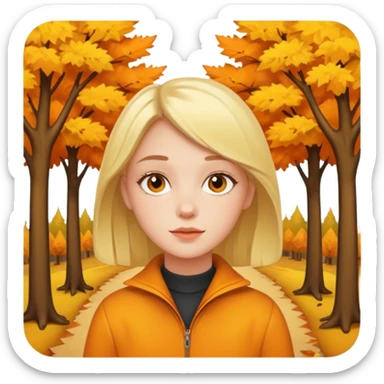 Girl in a forest in autumn with orange and yellow trees sticker