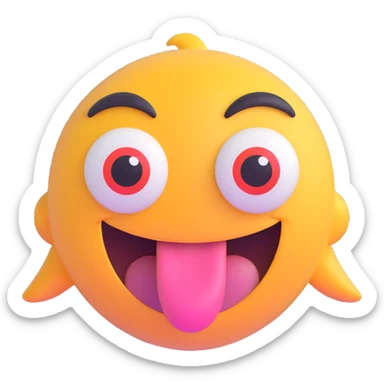 Make the expression even wilder with bigger eyes, more exaggerated grin, tongue out, playful and chaotic, front facing, transparent background in 3D emoji style. sticker